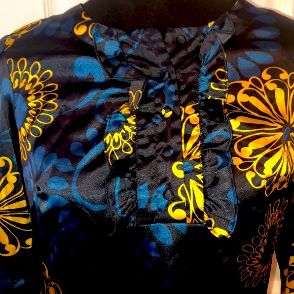 BCBGMaxAzria Blue Yellow Floral Ruffle Blouse Romantic Feminine Top - Picture 4 of 4